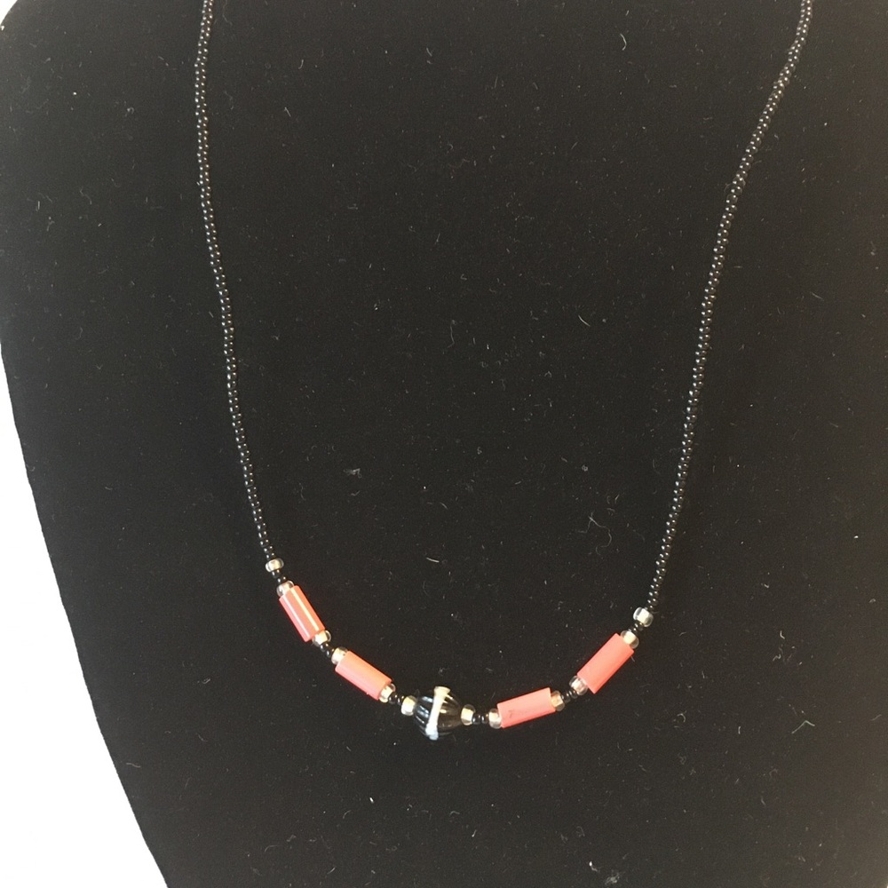 Red, black and clear beaded necklace